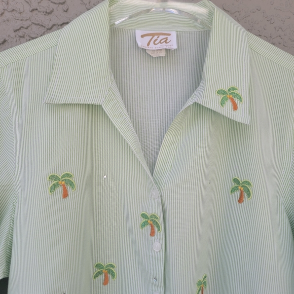 Tia Designs 3/4 sleeves coconut tree patches button down shirt size Large - Picture 5 of 13